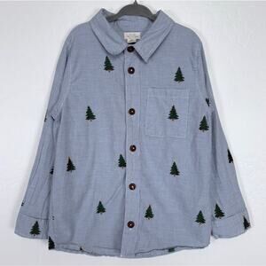 Blue Rooster Christmas Tree Embroidered Button Down Shirt Boys Size 8 Blue